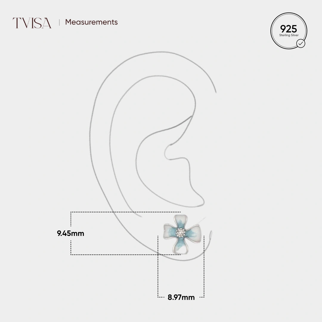 Silver Flower with White and Blue Enamel Earrings